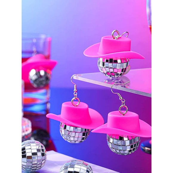 WILA Jewelry - 1 pair pink cowboy cowgirl Hat silver disco Ball Earrings nashville
